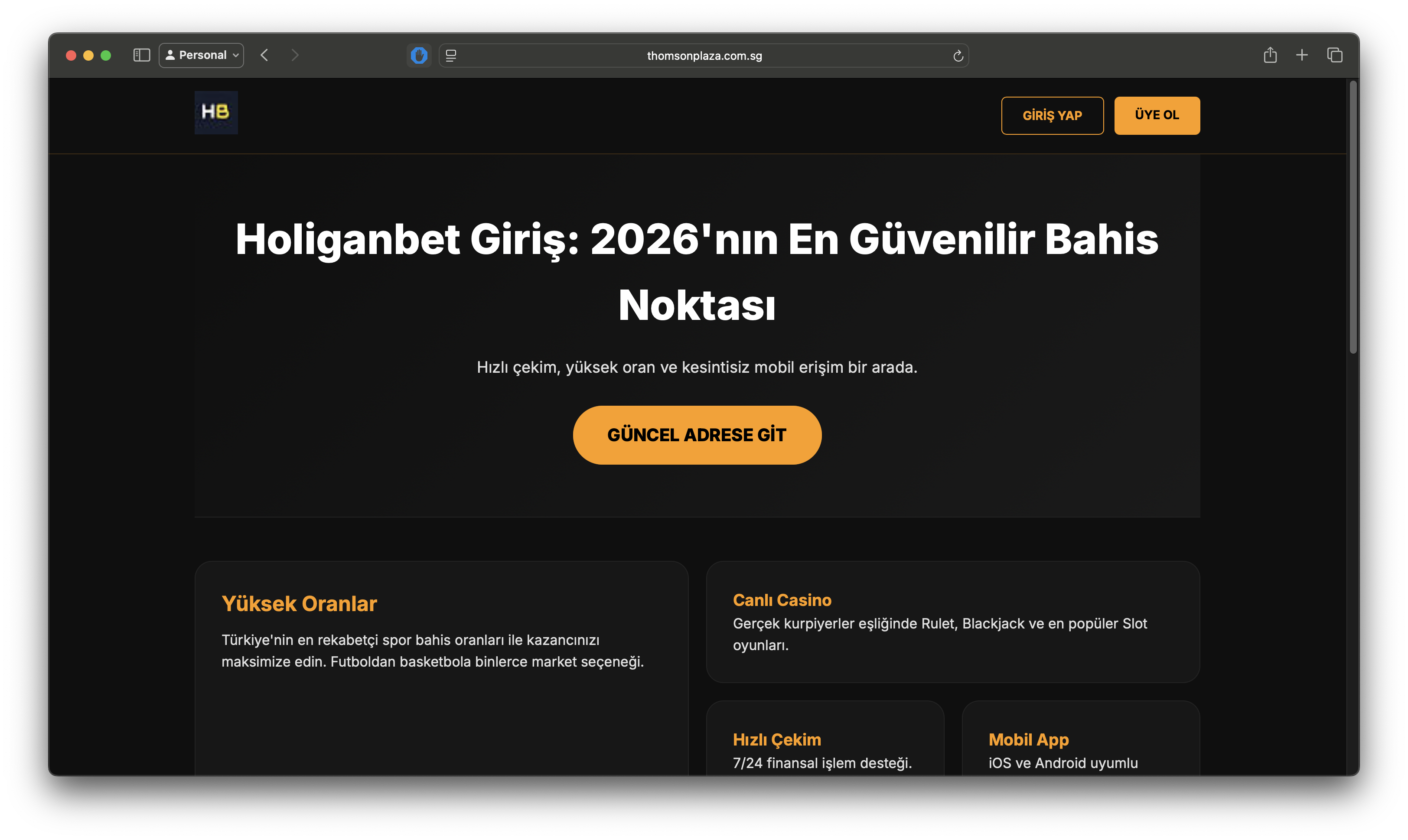 Compromised Thomson Plaza website showing Holiganbet gambling site