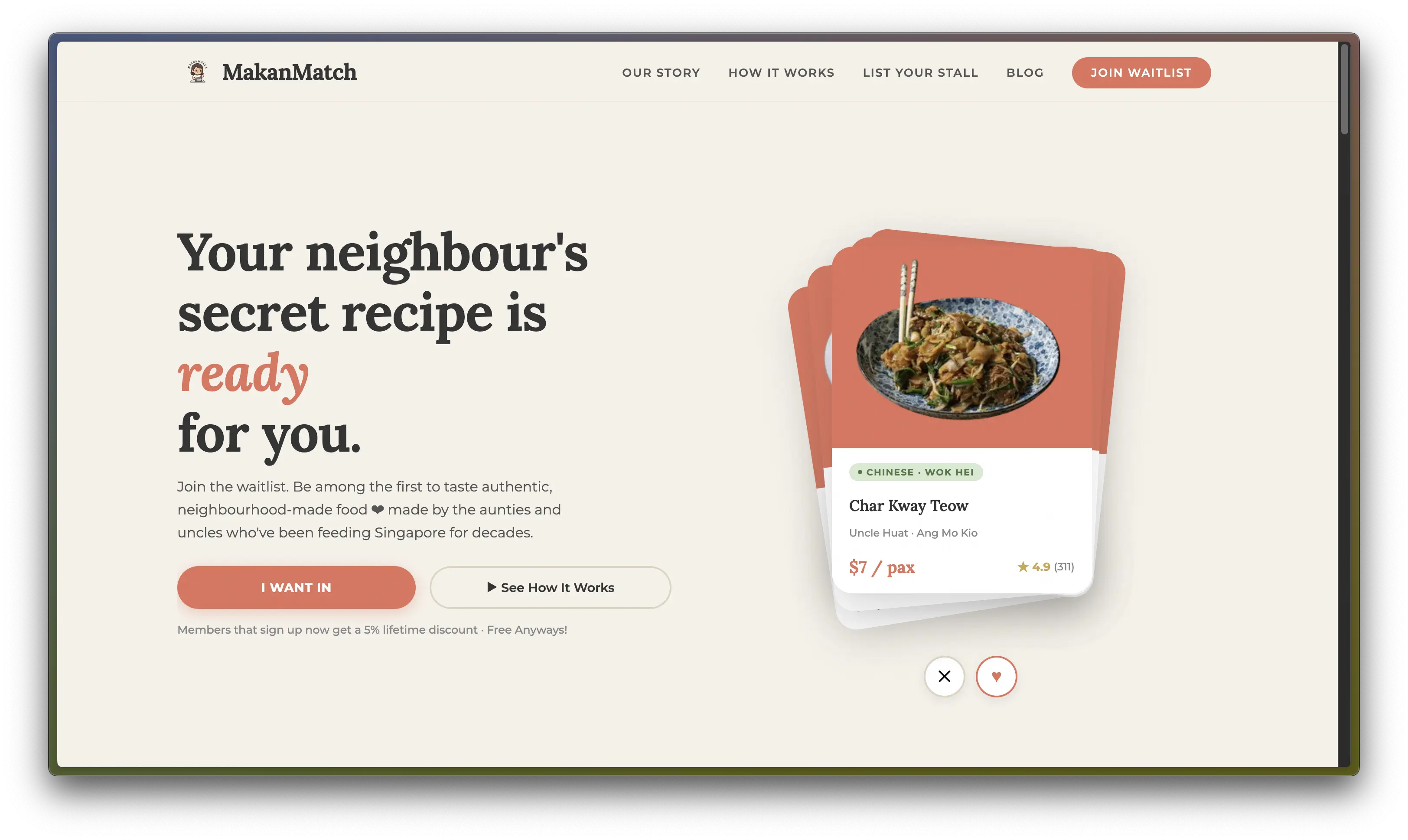 MakanMatchSG — vibrant online waitlist site with menu showcase and seamless mobile integration